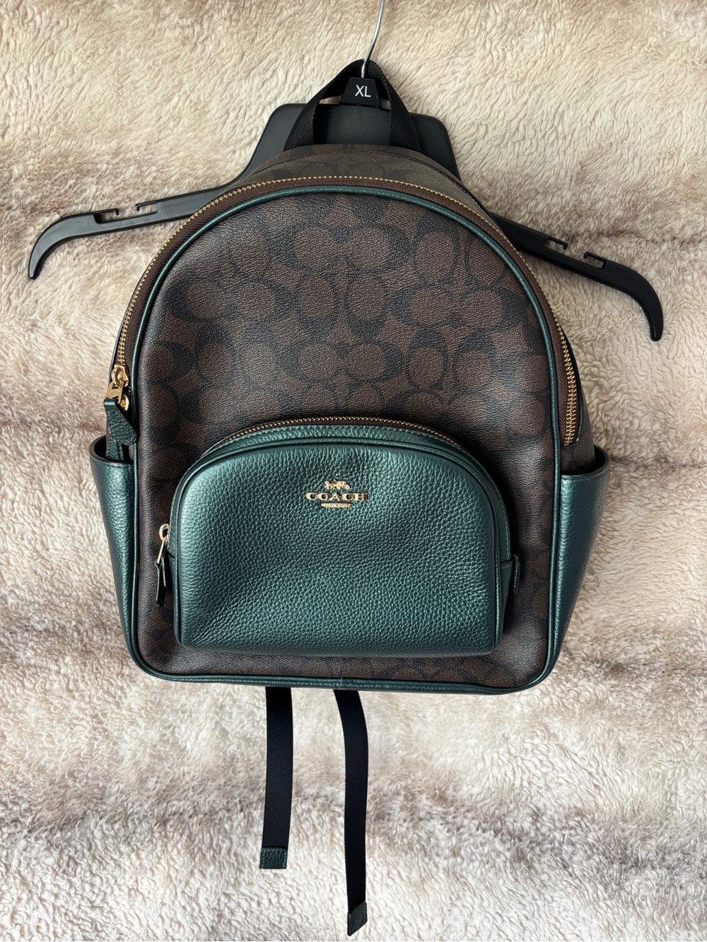 Coach Brown Signature court Backpack with Green Leather Trim